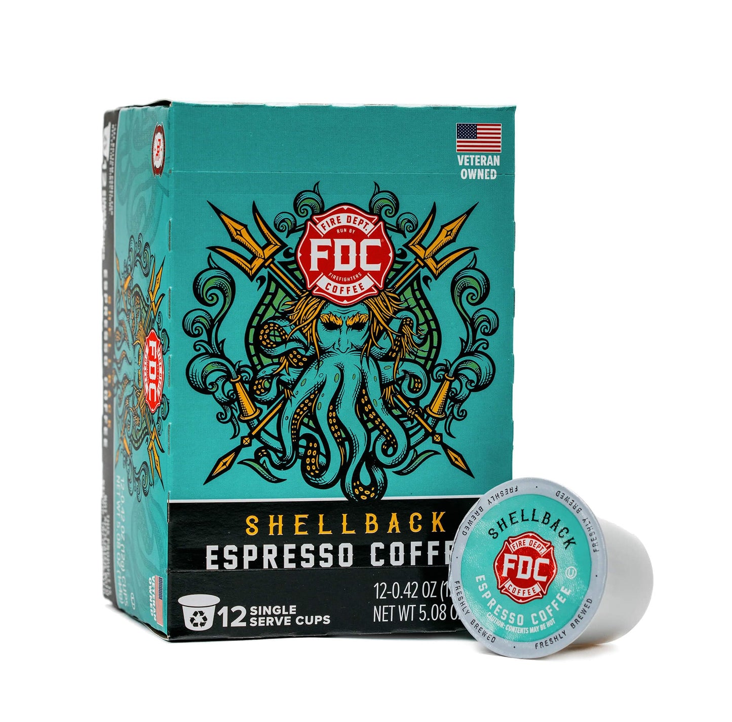 Fire Department Coffee - Gives Back to Firefighters - Bold & Smooth Shellback Espresso Coffee Pods - Roasted in the USA - Made with enhanced Coffee Beans - Veteran Owned - 12 Single Pods