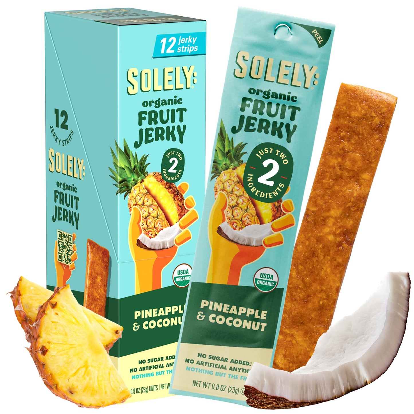 SOLELY - Organic Pineapple Coconut Fruit Jerky - 12 Individually Wrapped Strips - Fruit Leather Made from Dried Fruit - Healthy