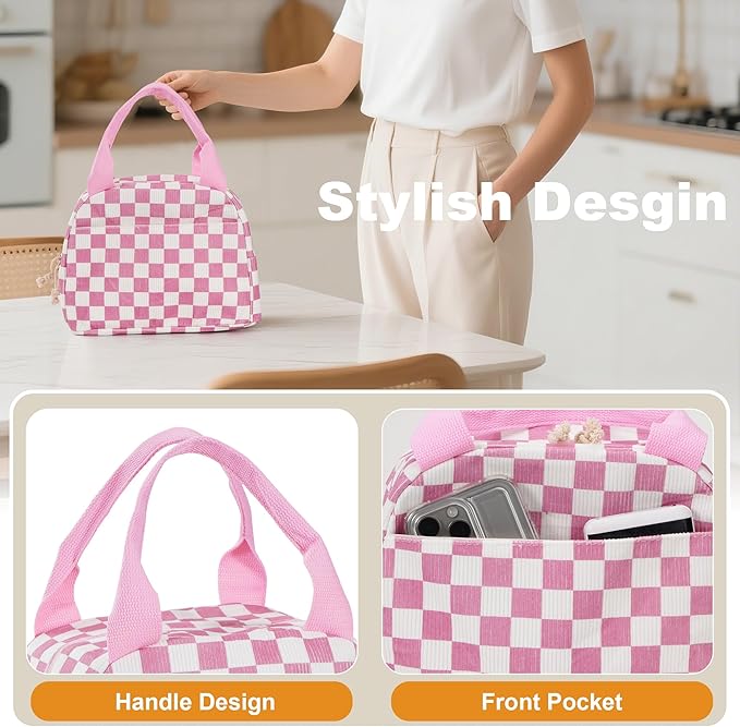Lunch Bag for Women Checkered Insulated Lunch Box Reusable Cooler Bag Portable Cute Corduroy Leakproof Tote Bags for Travel, Work, and Picnic