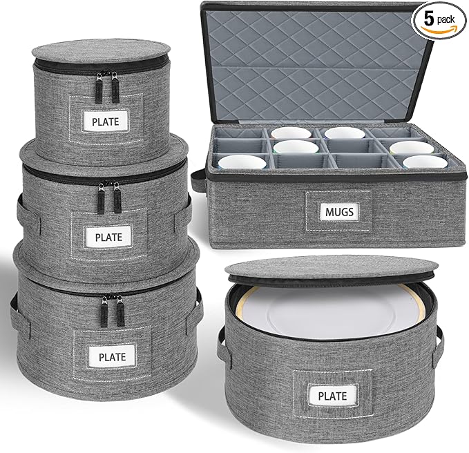 Cirhy Reinforced China Storage Containers, 5-Piece Dinnerware & Mug Organizer Set with Quilted Padding and Felt Dividers, Stackable Boxes for Dishes, Cups & Fine China, Ideal for Moving and Kitchen