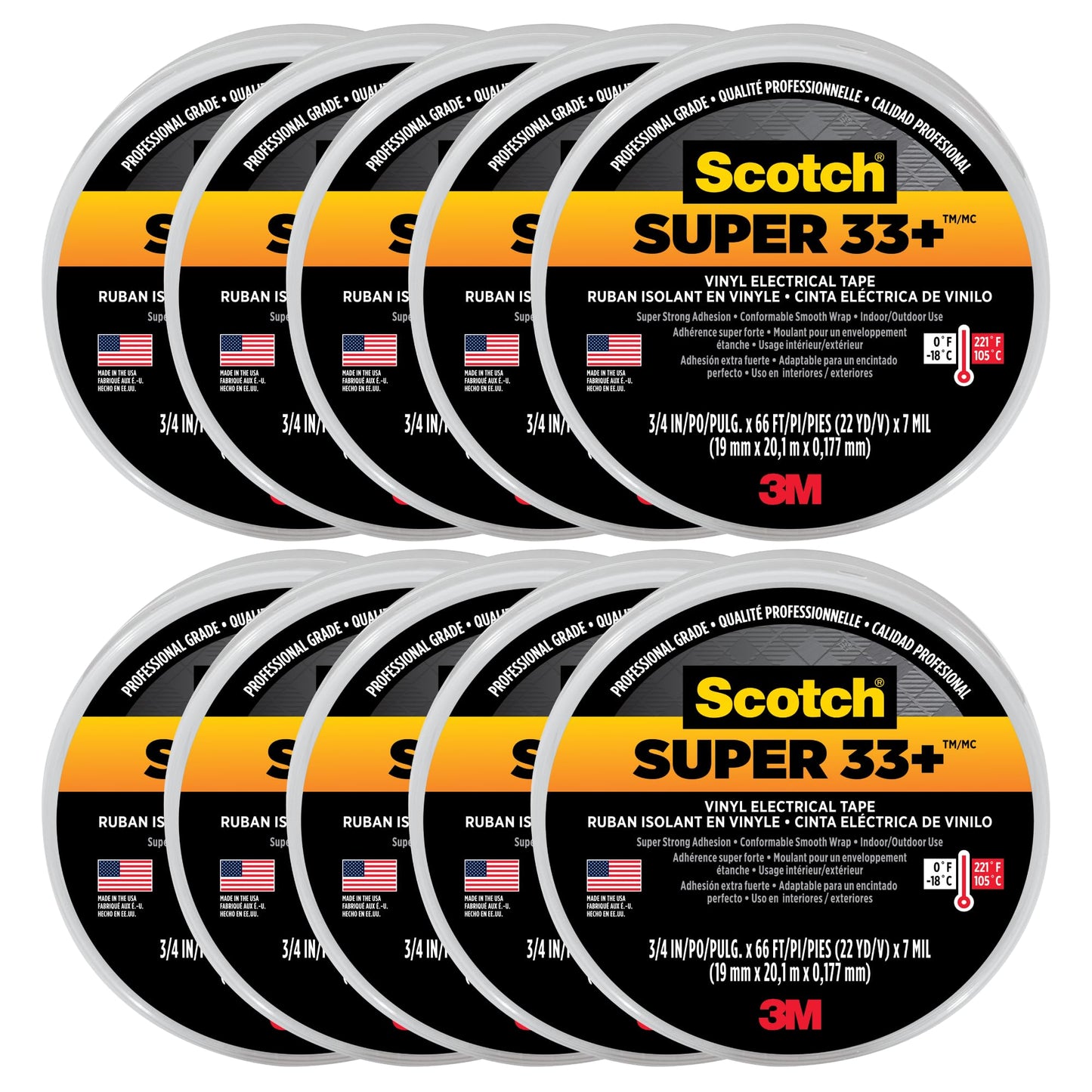Scotch 3M Super 33+ Vinyl Electrical Tape.75-Inch by 66-Feet, 10-Pack