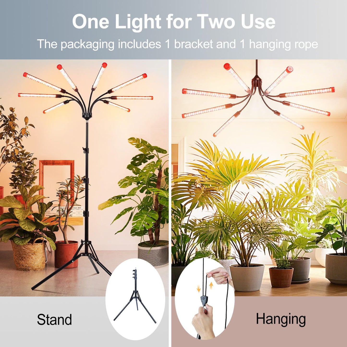 FECiDA 72W LED Grow Light, 8-Head Full Spectrum Plant Light, Black, Model ZH_GL_RH, Timer 4/8/12 Hr, Ideal for Indoor