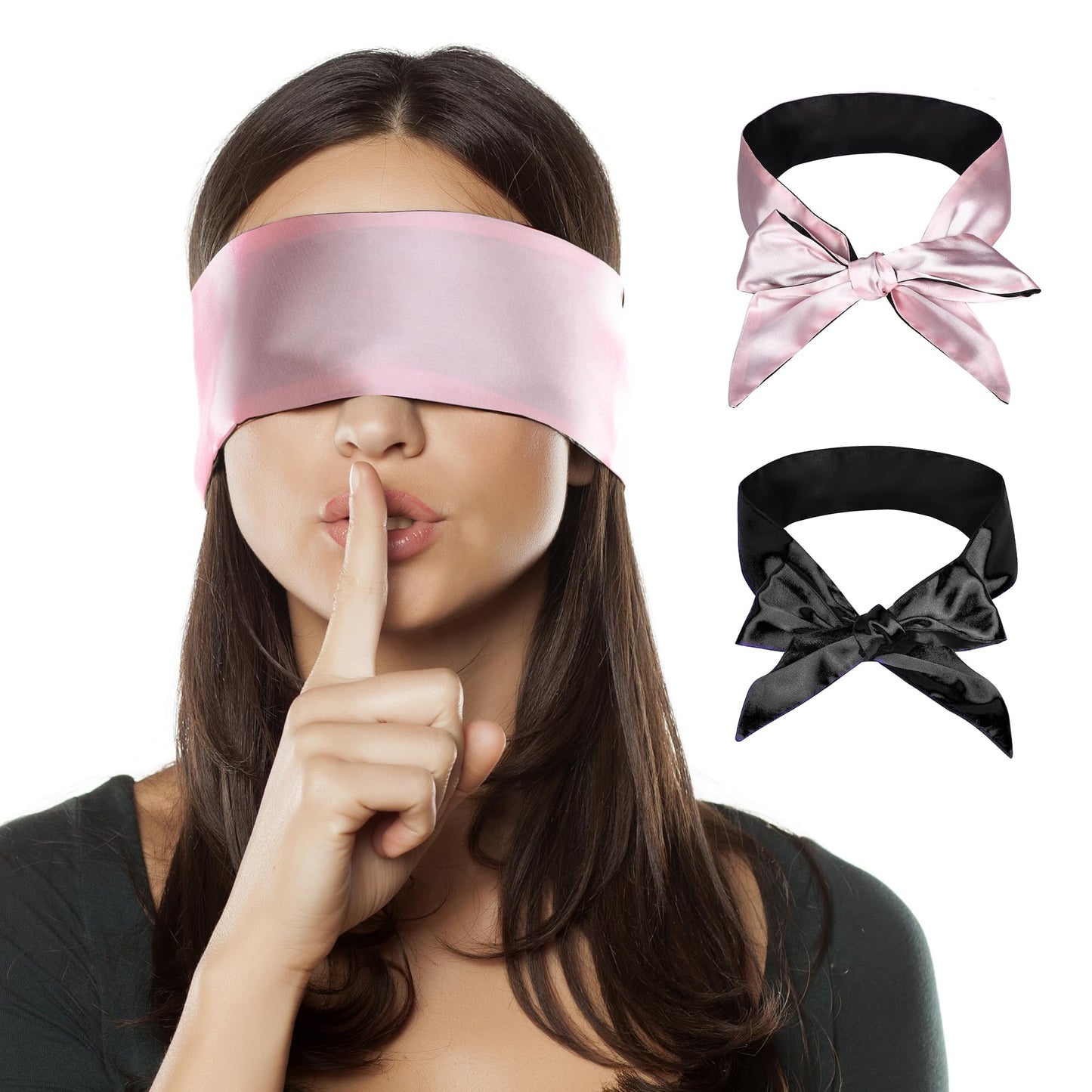 FRESHME 2pcs Satin Blind Eye Sleeping Mask - Silk Adjustable Satin Blindfold Gift Soft Eye Covers for Travel Nap Bedroom, Double Sides Pink & Black+Black 2pc Set