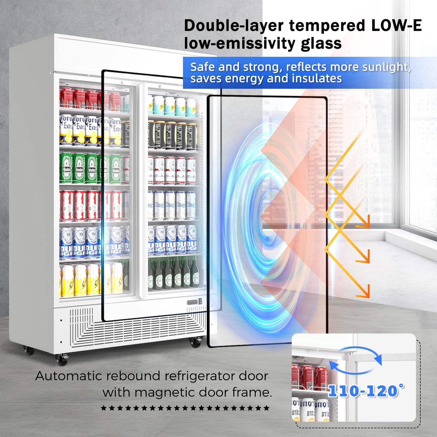 BINGERMA Commercial Merchandiser Display Refrigerator 40 Cu.ft. with 2 Glass Doors ETL Drink Cooler Beverage Fridge for Bars,Restaurants, Convenience Stores, Supermarkets and Offices White