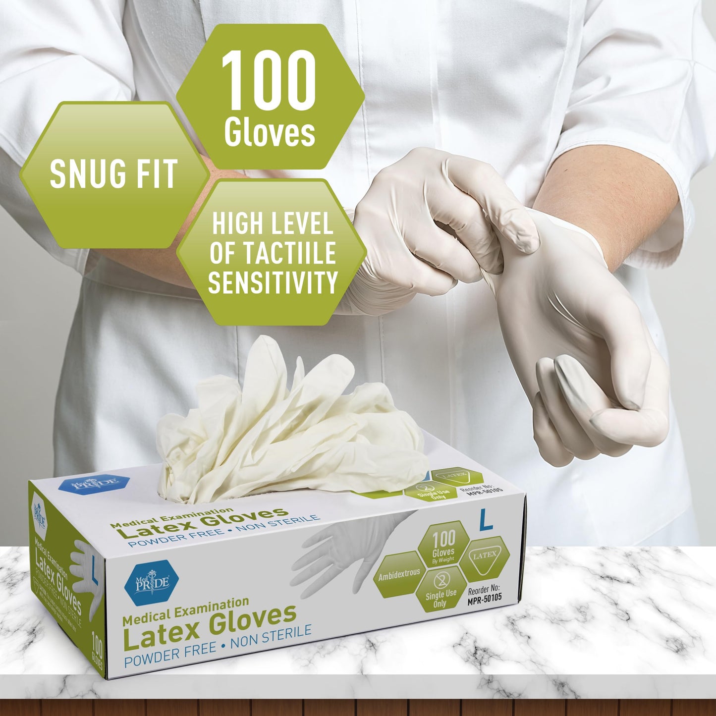 MED PRIDE Disposable Latex Medical Examination Gloves, Ambidextrous, Heavy Duty, Powder-Free, Comfortable Fit (Large, 100-Count) Ultra-Strong 5 mil Thick, Disposable Powder-Free