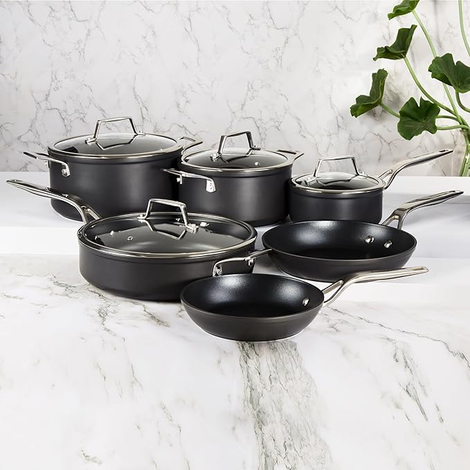 BergHOFF Essentials 10Pc Non-stick Hard Anodized Cookware Set With Glass lid, FernoGreen Non-toxic Nonstick Coating, Stainless Steel Handle, Induction Pots and Pans, Black