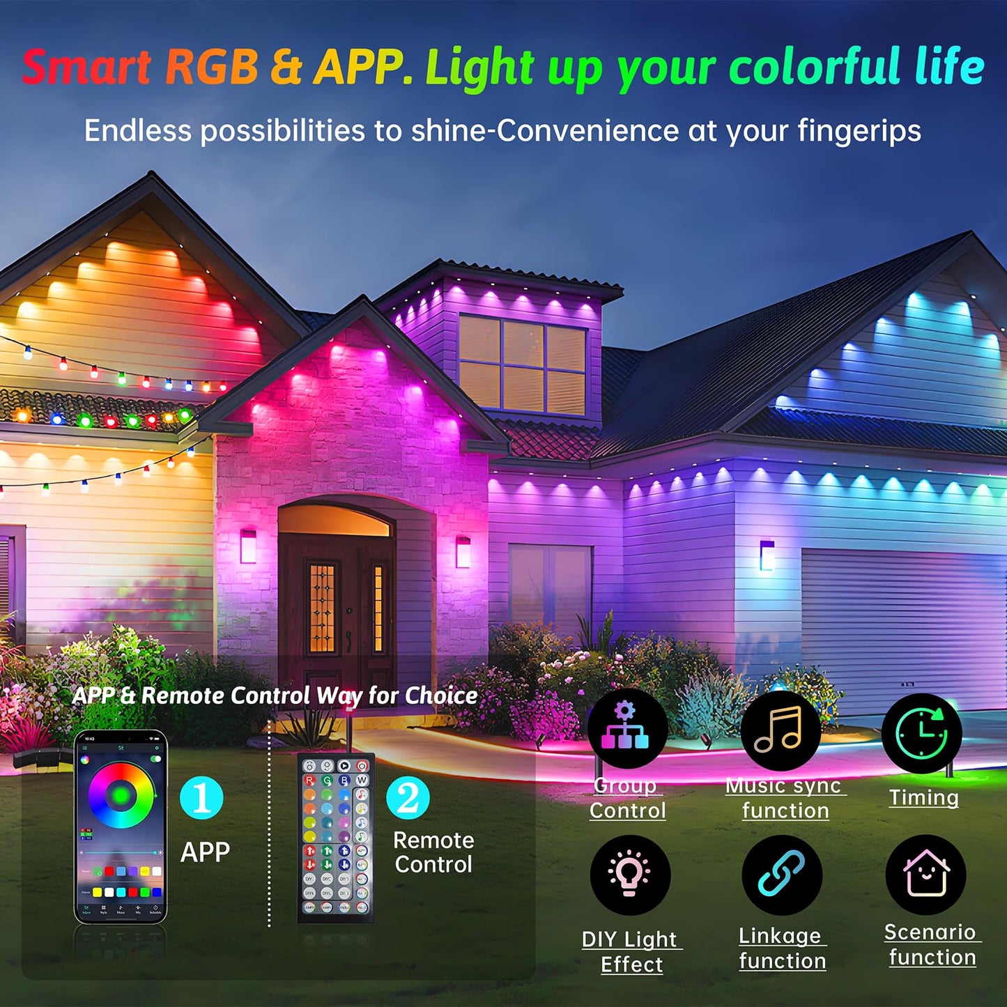 Logriw RGB Outdoor LED Lights, 50FT, IP67 Waterproof, Smart App/Remote Control, Multicolor, Model RFKJ0015