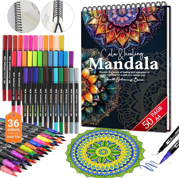 Mandala Coloring Book for Women Relaxation, 50 Patterns Spiral Bound Mindfulness Coloring Books for Adult with 36 Dual-tip Markers, Inspirational Gift for Women, Hardcover Adult Coloring Books Set
