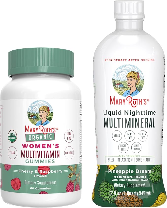 MaryRuth's Multivitamin Gummies for Women (Cherry & Raspberry) & Liquid Nighttime Multimineral (Pineapple) | Clean Label Project Verified® | Vegan | Beauty, Bedtime Routine, & Overall Health