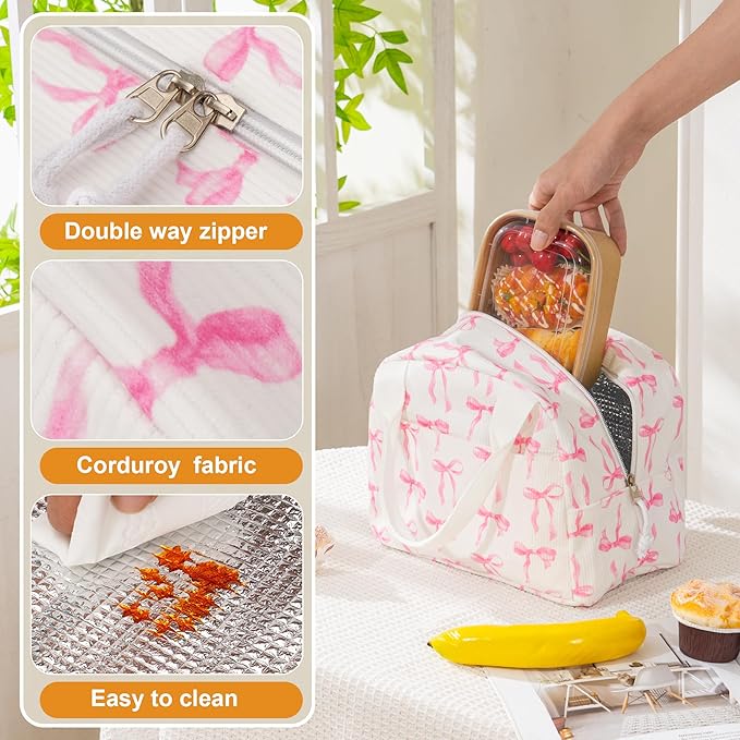 Lunch Bag for Women Ribbon Bow Insulated Lunch Box Reusable Cooler Bag Portable Cute Corduroy Leakproof Tote Bags for Travel, Work, and Picnic