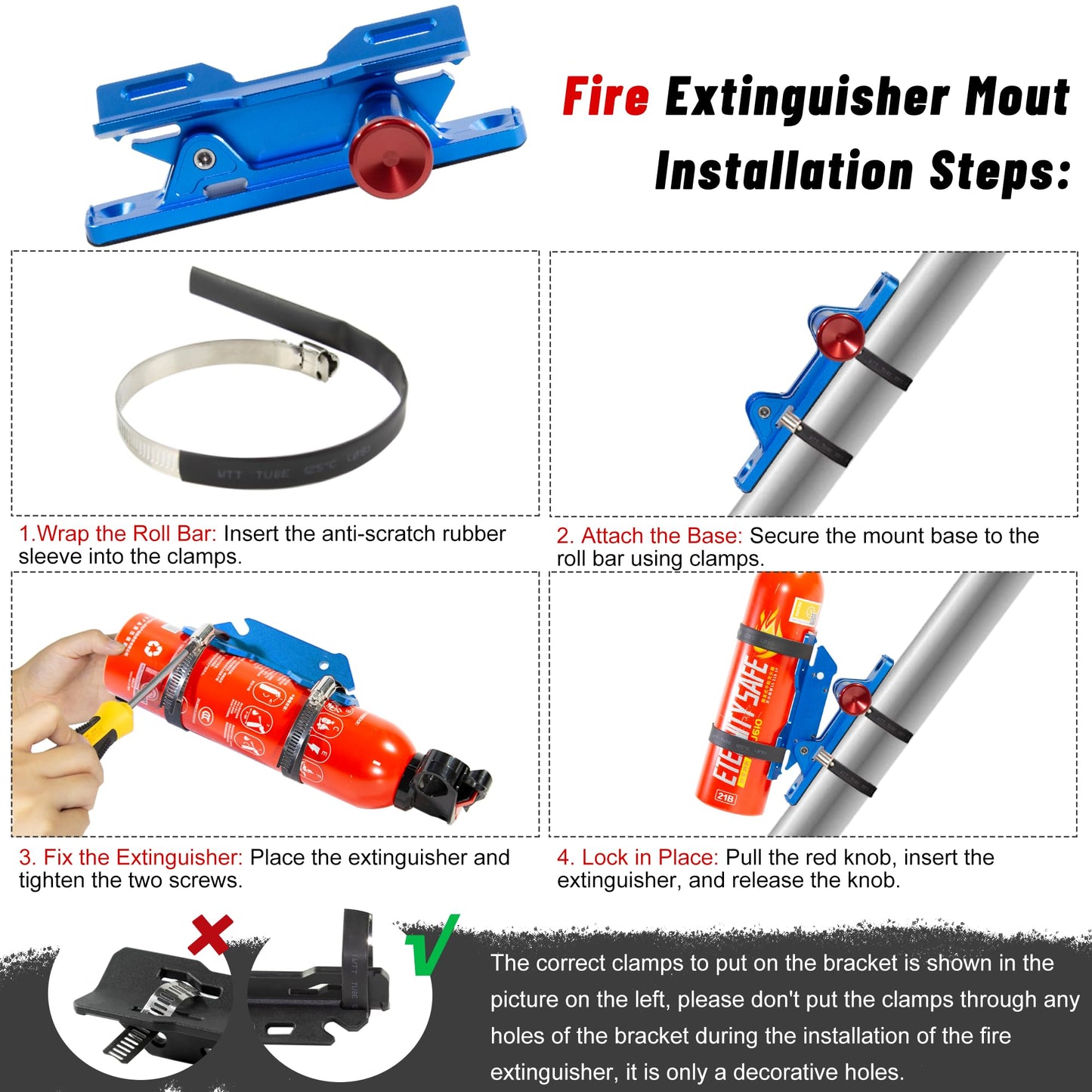 Quick Release Car Fire Extinguisher Mount – Blue Adjustable Aluminum Roll Bar Bracket Compatible with Jeep Wrangler (TJ/JK/JL/JKU), UTVs (Polaris RZR, Ranger, Can-Am X3), Trucks & Off-Road Vehicles