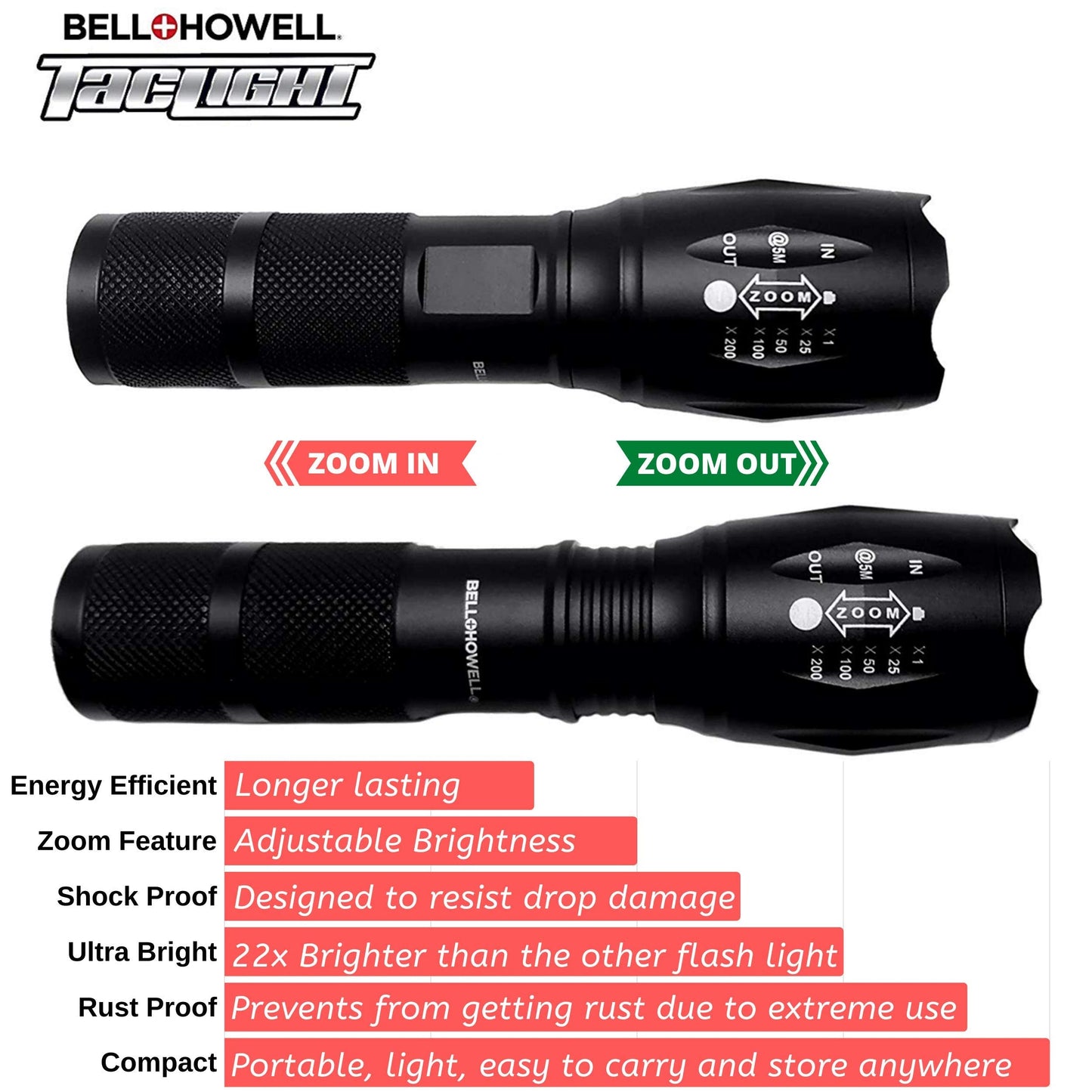 Bell+Howell Taclight Bright Led Flashlight Tactical Flashlights Zoom Function 5 Modes 100 000 Hour Bulb Water Resistant Durable Mini Flashlight 5.4  X 1.6  Battery Powered 3X Aaa
