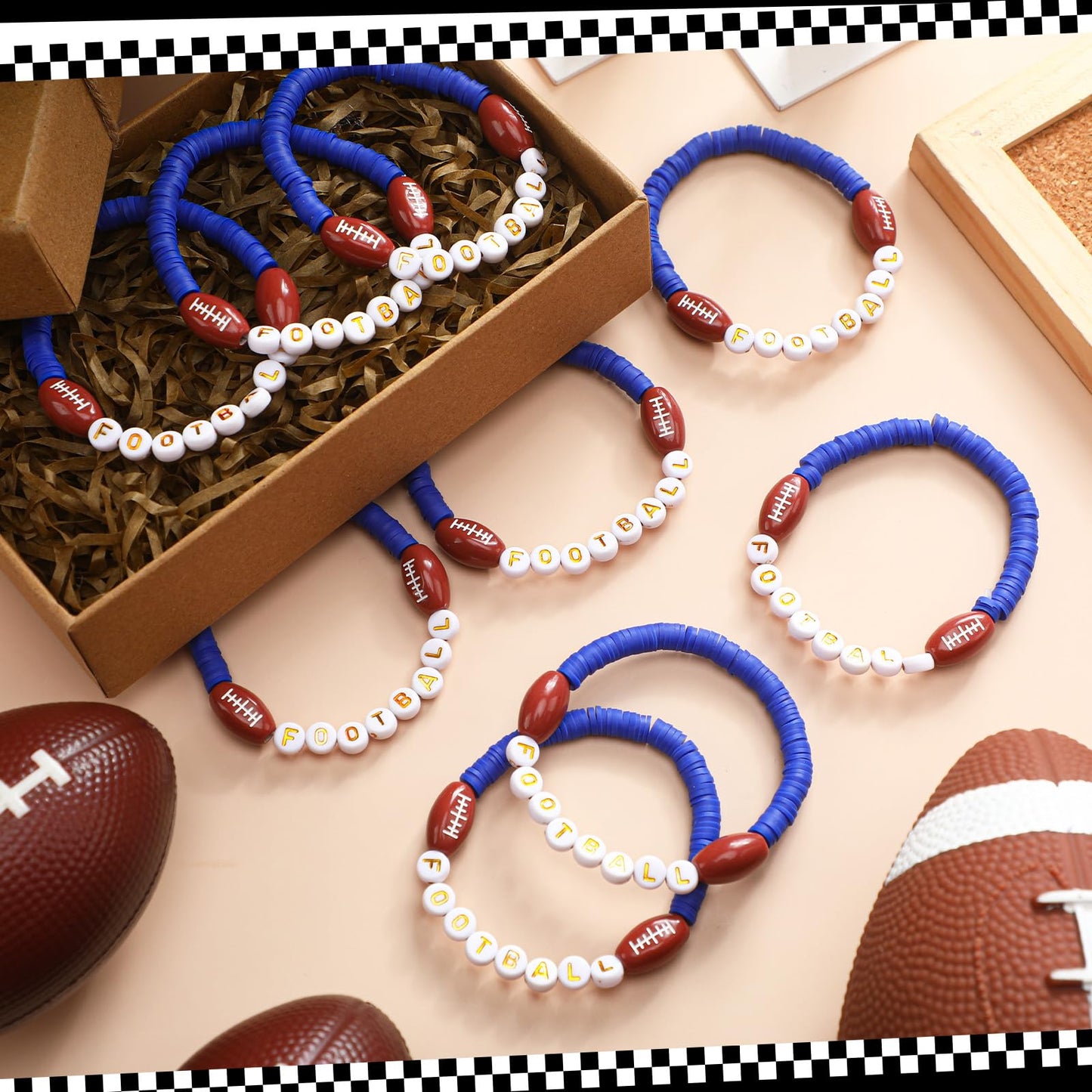 Trnayi 24 Pcs Football Bracelets Stackable Clay Beaded Bracelets Football Party Favors Beaded Ball Adjustable Clay Bracelet Jewe