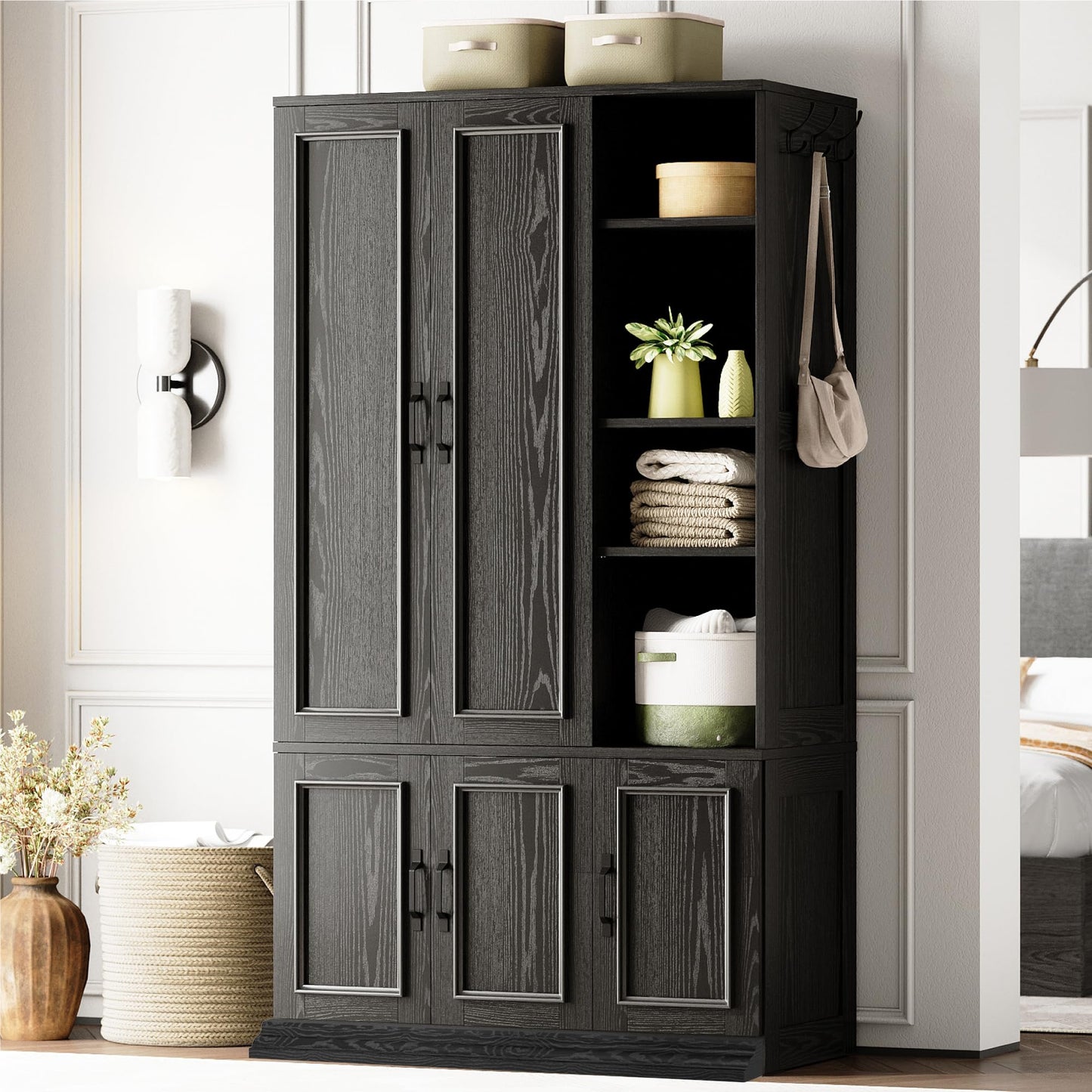 LIKIMIO Armoire Wardrobe Closet 70" H, 5 Doors Bedroom Wooden Wardrobe with 4 Storage Shelves and Hanging Rod, Clothing Storage Cabinet Organizer Combination, Black