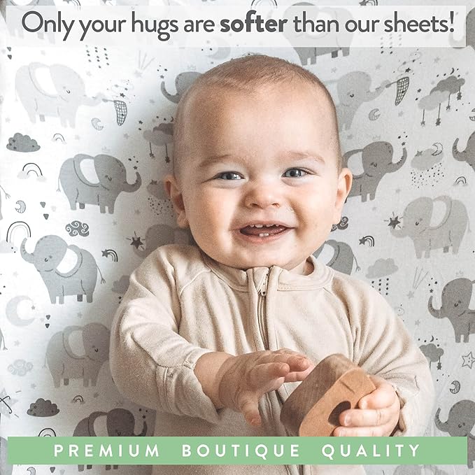 Moses Basket Fitted Sheets for 11 x 29 Inch Oval Bassinet Mattress – Snuggly Soft 100% Jersey Cotton – Owls and Elephants – 2 Pack