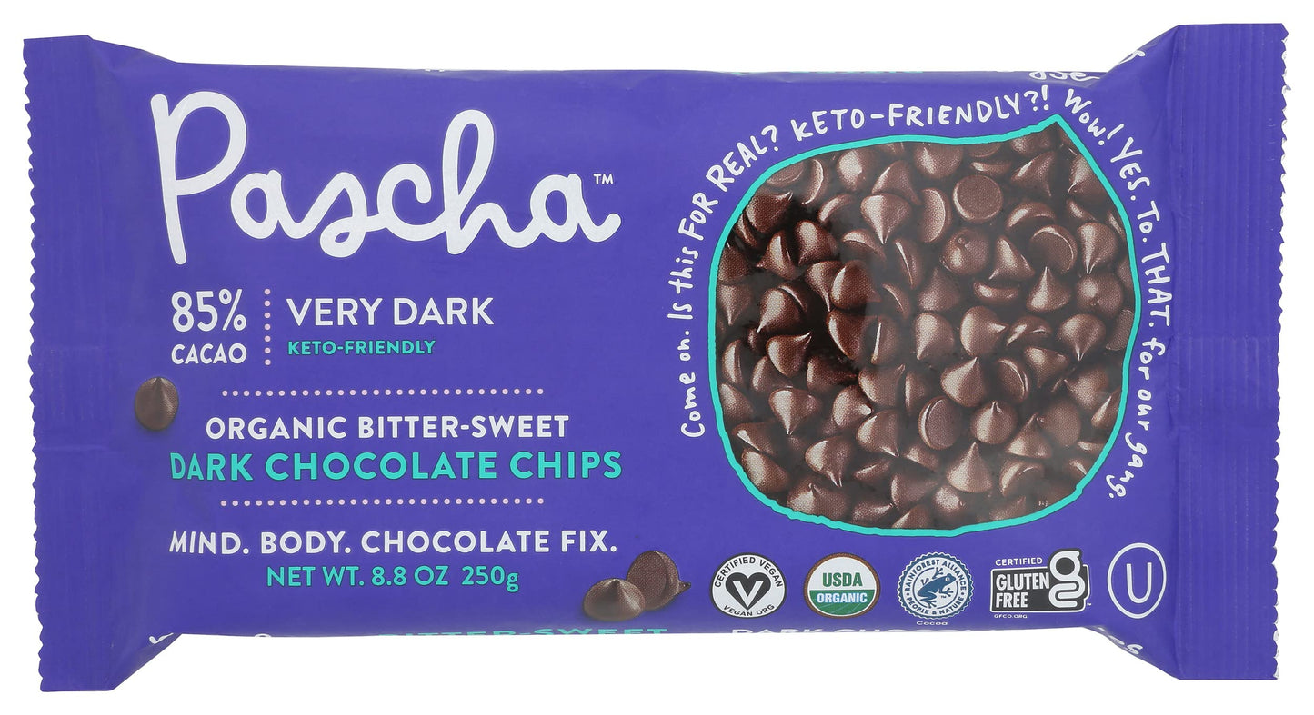 Pascha Organic Extra Dark Chocolate Chips - 85% Cacao Bittersweet - Vegan, Keto-Friendly Baking Chips - Rainforest Alliance Cert