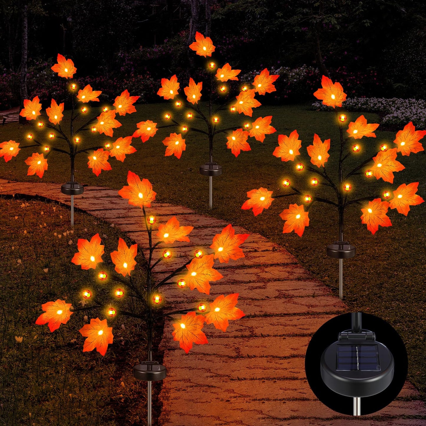Rossesay 4 Pack Outdoor Fall Solar Lights Decorations Thanksgiving Waterproof Orange Maple Leaf Lights  Autumn Artificial Tree For Halloween Christmas Party Yard Garden Decor  10 Led 8 Modes