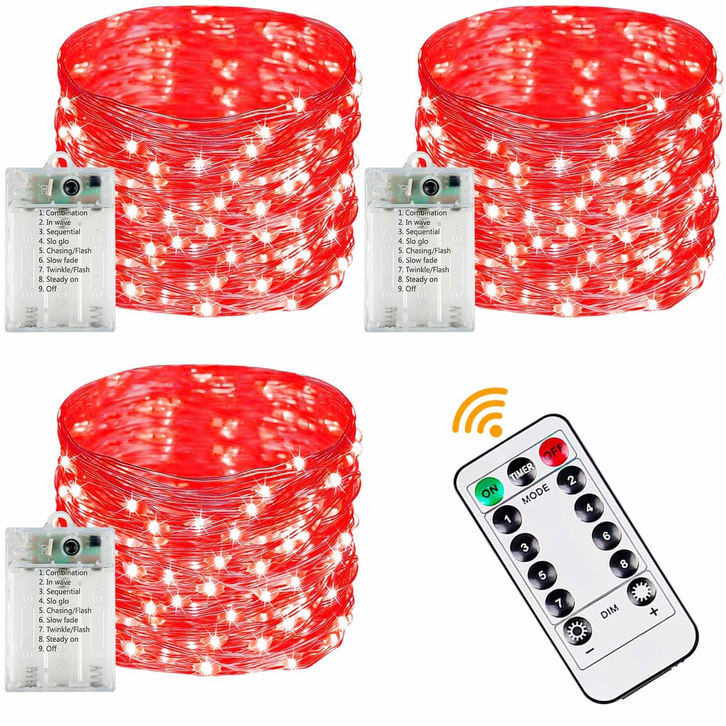 YIQU 3 Pack Fairy Lights, 26 FT 80 LED, Battery Operated with Remote Control Timer, 8 Modes, Red