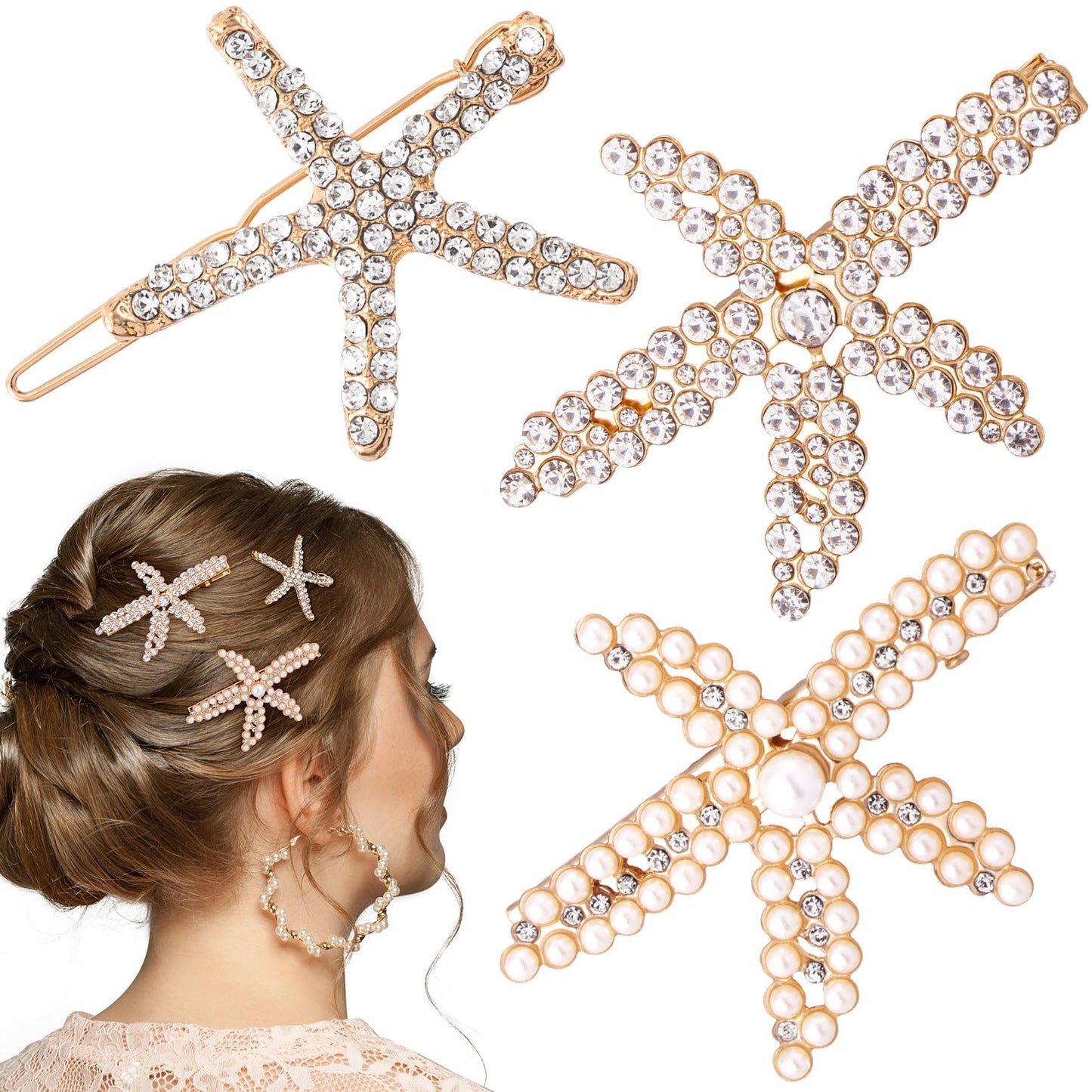 PAGOW 3 PCS Starfish Hair Clips, Gold Pearls Rhinestone Hair Clips, Crystal Sea Star Ponytail Holder, Faux Pearl Crystal Wedding