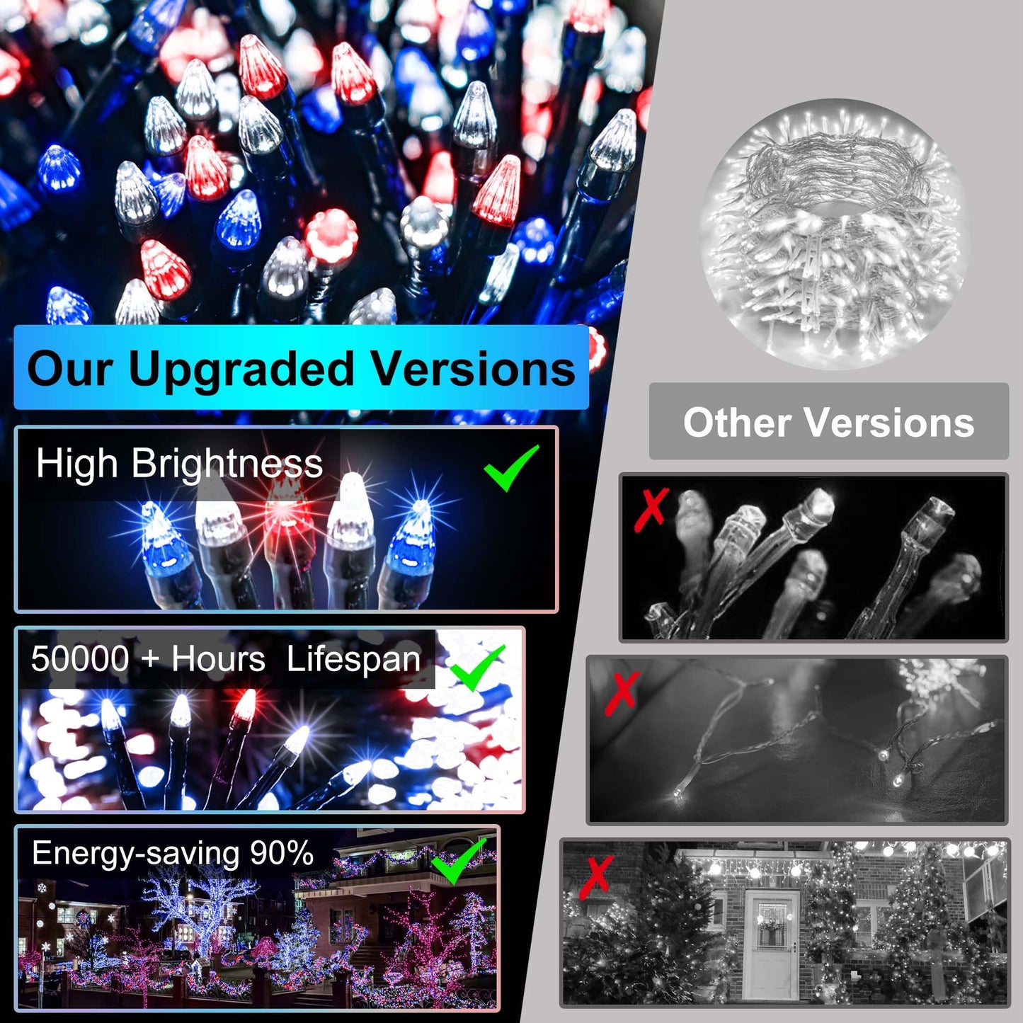 750 Led 240Ft Christmas Lights Outdoor 12 Lighting Modes Christmas String Lights With Timer  Dimmable Plug In Red White And Blue Led Stringlights Waterproof For Yard Tree Wedding Party Holiday