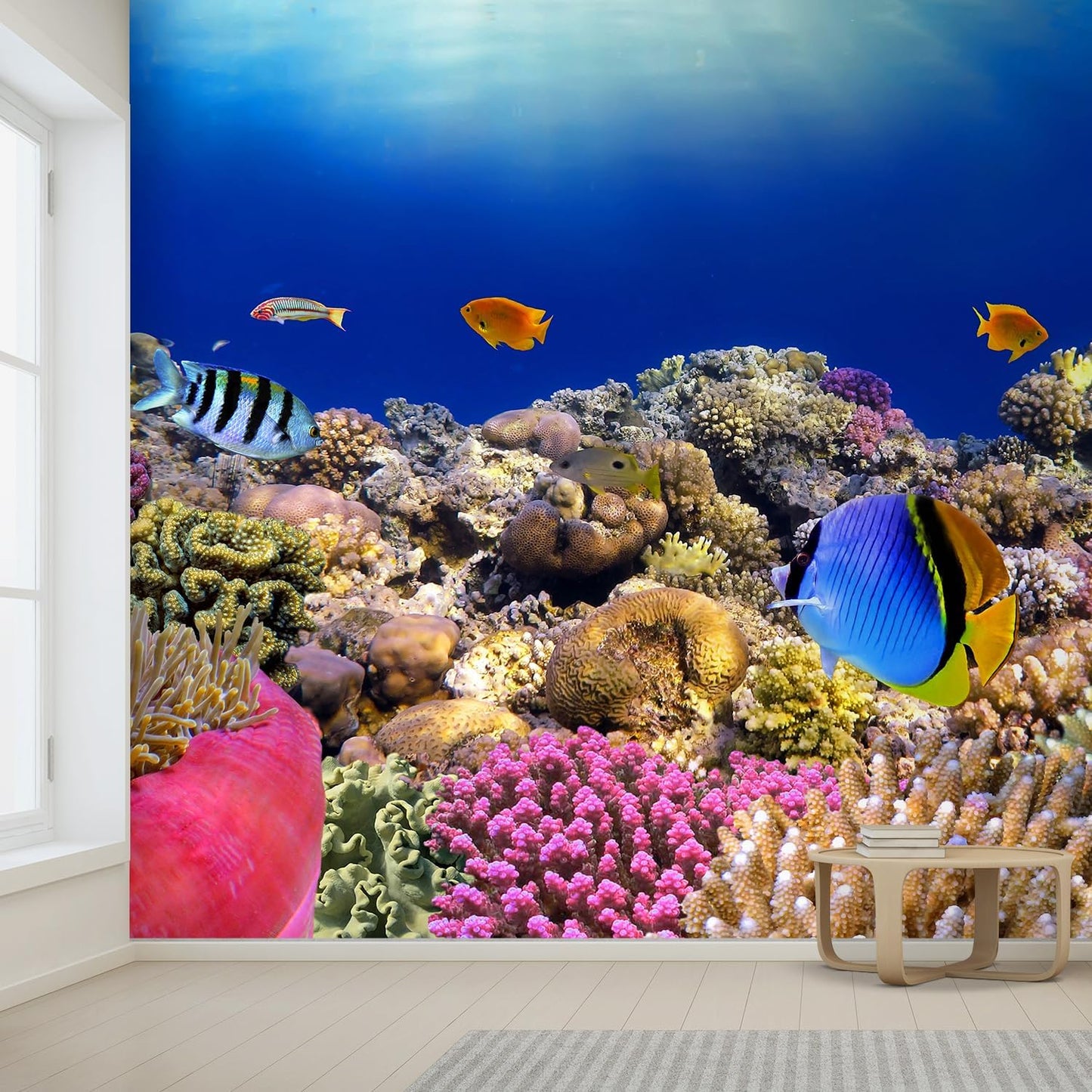 wall26 Wall Sticker/Wall Mural Tropical Blue Fish Coral Reef Ocean Seascape Nature Wilderness, Not Peel and Stick, Non-Woven Wallpaper Decorative for Bedroom, Living Room, Office - 132x168 inches