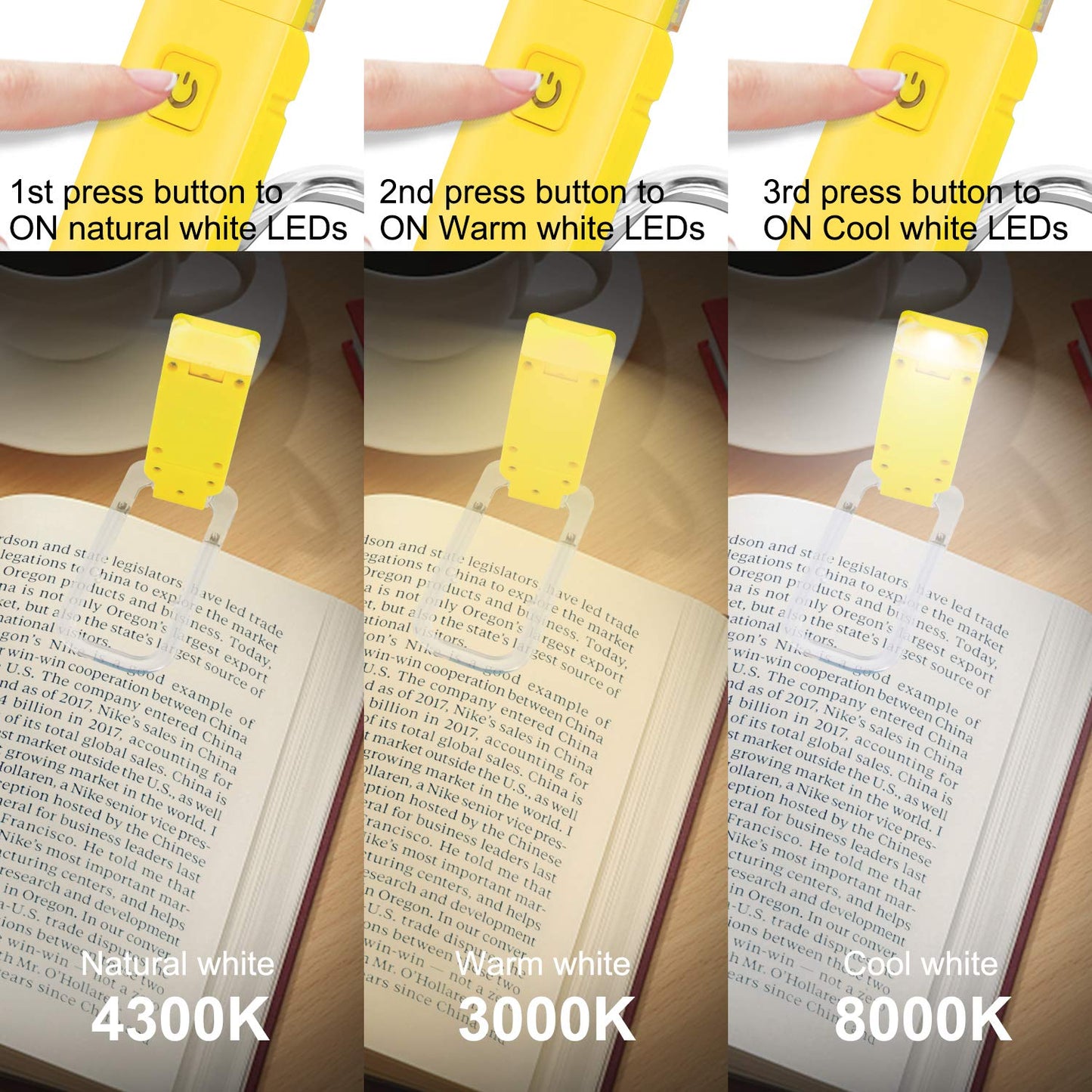 HONWELL Rechargeable Book Light Clip On LED Reading Lamp, 3 Brightness Levels, Portable, Yellow, Model H008YW-Y