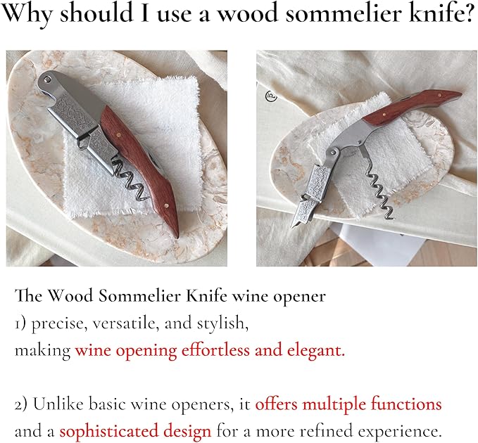 Professional Wood Grapevine Pattern Sommelier Knife With Black Leather Wine Keyring with Ergonomic Wood Grip, Beer Bottle Opener Foil Cutter Waiters Corkscrew Wine Opener