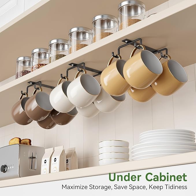 ECROCY Mug Hooks Under Cabinet Space-Saving, Easy Screw Mounting, Metal Coffee Cup Hooks 3 Pack