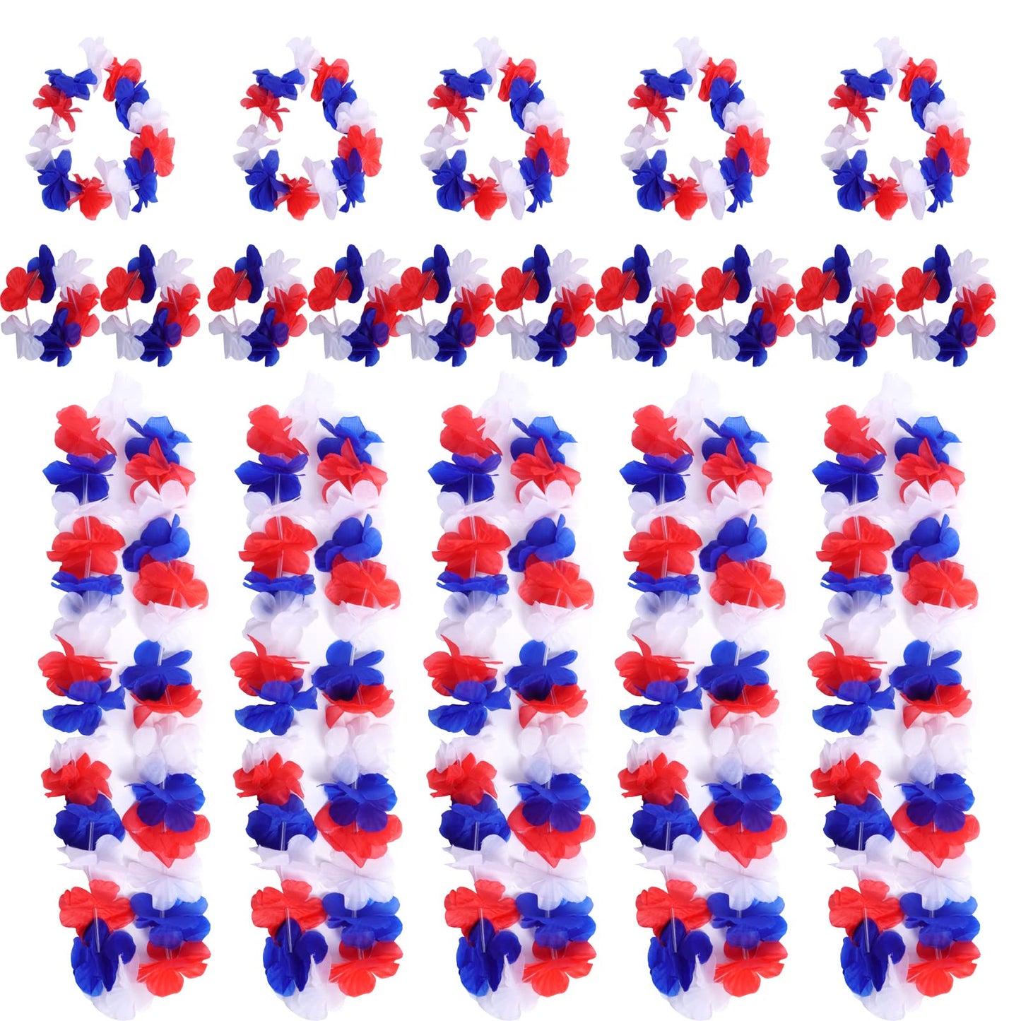 SUMERSHA 5 Set 20pcs Red White and Blue Flower Leis Patriotic 4th of July Decorations Hawaiian Luau Flower Necklace Headbands Wr