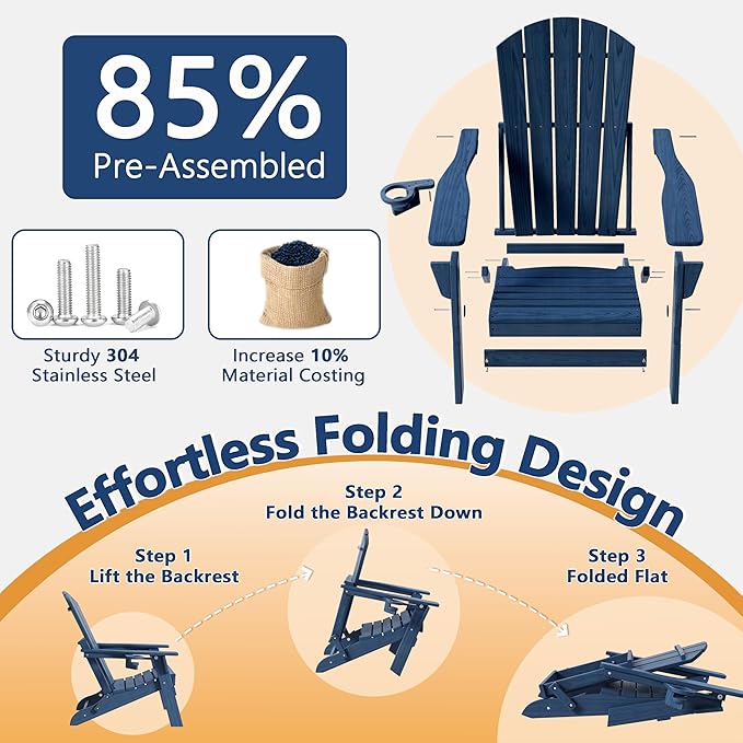 Folding Adirondack Chair Set of 3 with Cup Holder, HDPE All Weather Resistant Plastic Outdoor Patio Chairs, Heavy Duty Fire Pit Seating for Backyard Lawn Garden, Wooden Textured Design(Navy Blue)