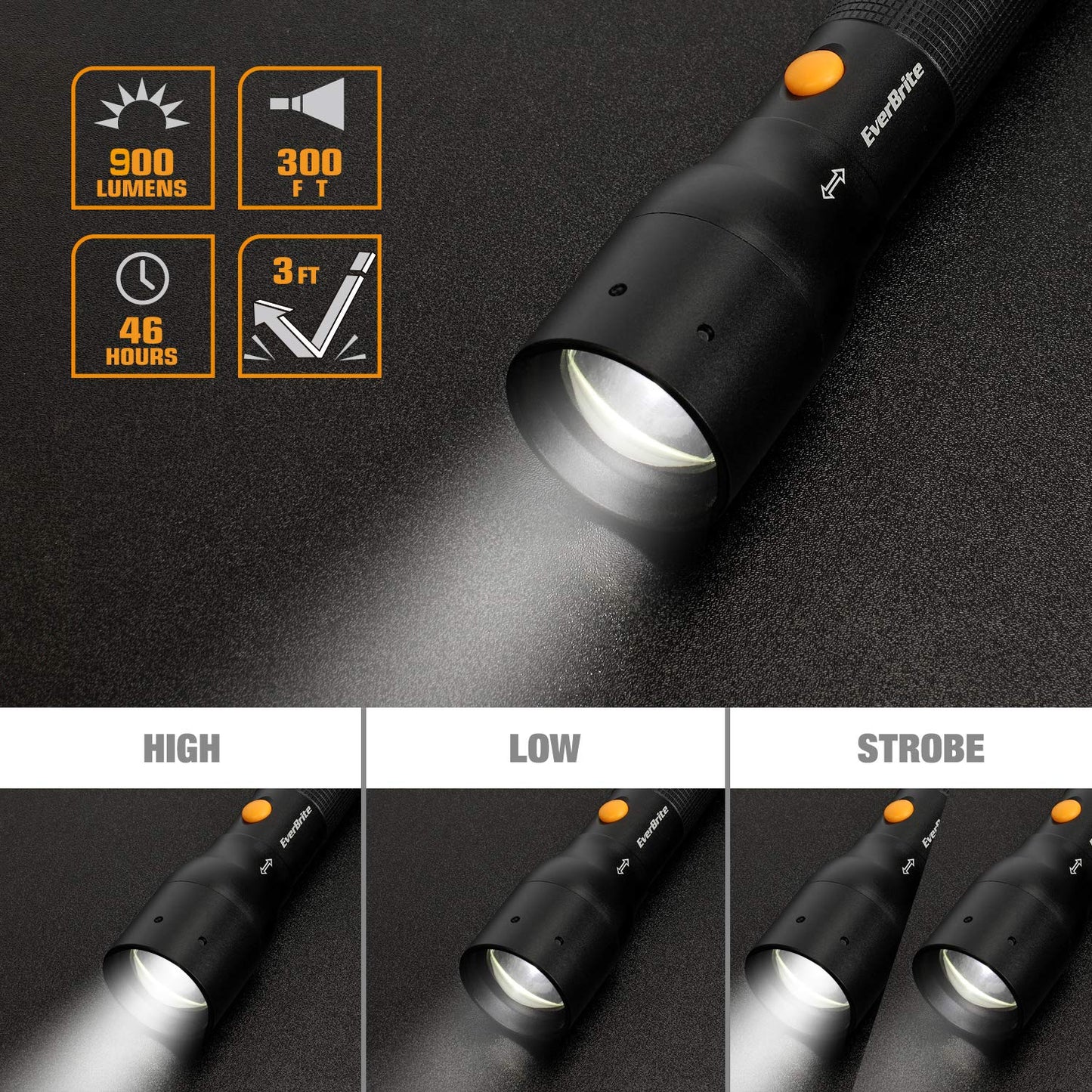 EverBrite Tactical Flashlight, 900 Lumen, Zoomable, 3 Light Modes, Aluminum, Black, Model E011115