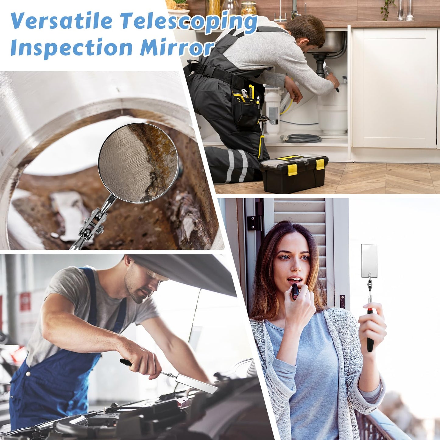 2 Pieces Telescoping Inspection Mirror, 360° Swivel Extendable Mechanic Automotive Mirrors Tools, Rectangular Round Mirror on a Stick for Mechanics, Automotive Repair, Contractors, Home Inspection