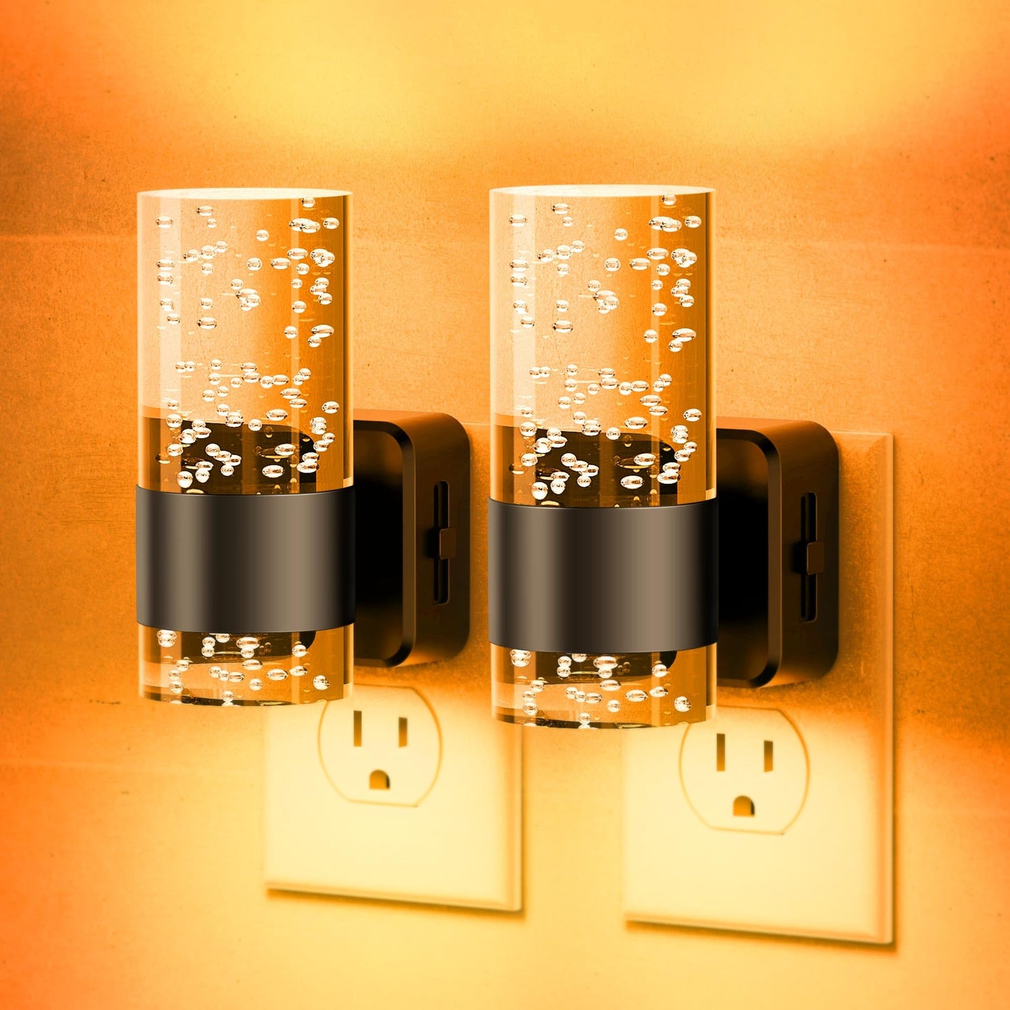 JandCase Dimmable LED Night Light, 2 Pack, Adjustable Brightness, Automatic Sensor, Black-Amber, Model GY197