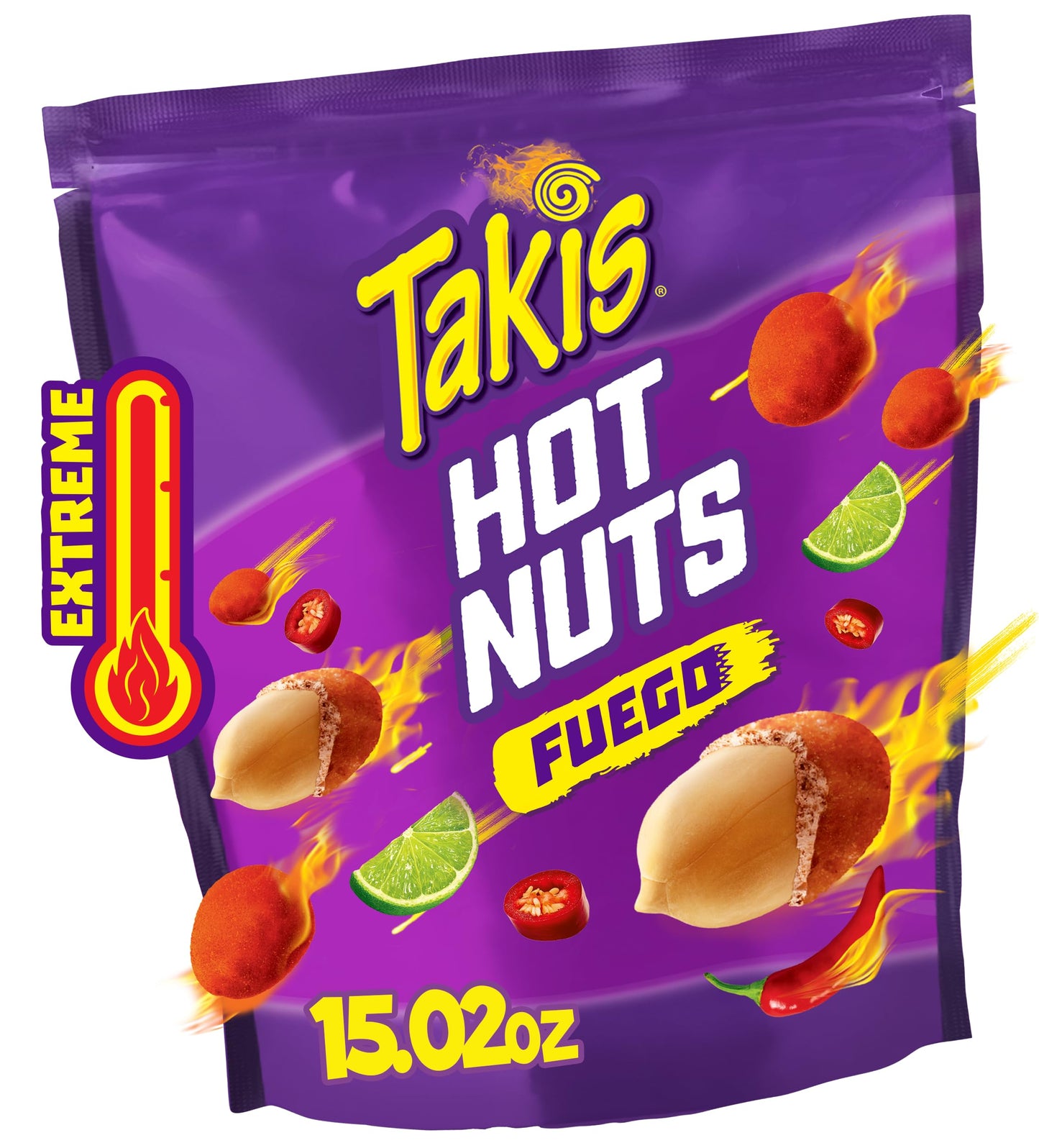 Takis Fuego Hot Nuts, Extreme Spicy Double-Crunch Peanuts, 15.02 oz Resealable Bag, Hot Chili Pepper & Lime Flavored