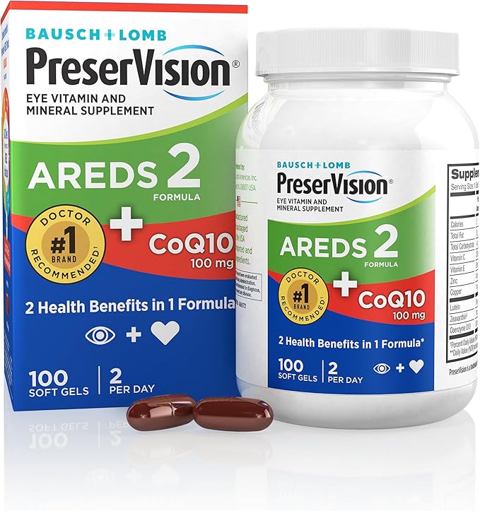 PreserVision AREDS 2 Eye Vitamins with CoQ10 for Heart Health, Lutein and Zeaxanthin Supplement with Vitamin C & E, Zinc, and Copper, 100 Softgels