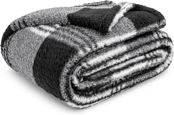 PAVILIA Sherpa Throw Blanket for Couch Sofa, White Black Fluffy Warm Plush Blanket for Bed, Cozy Super Soft Lightweight Throw, Fuzzy Decorative Blanket, All Season Home, 50x60
