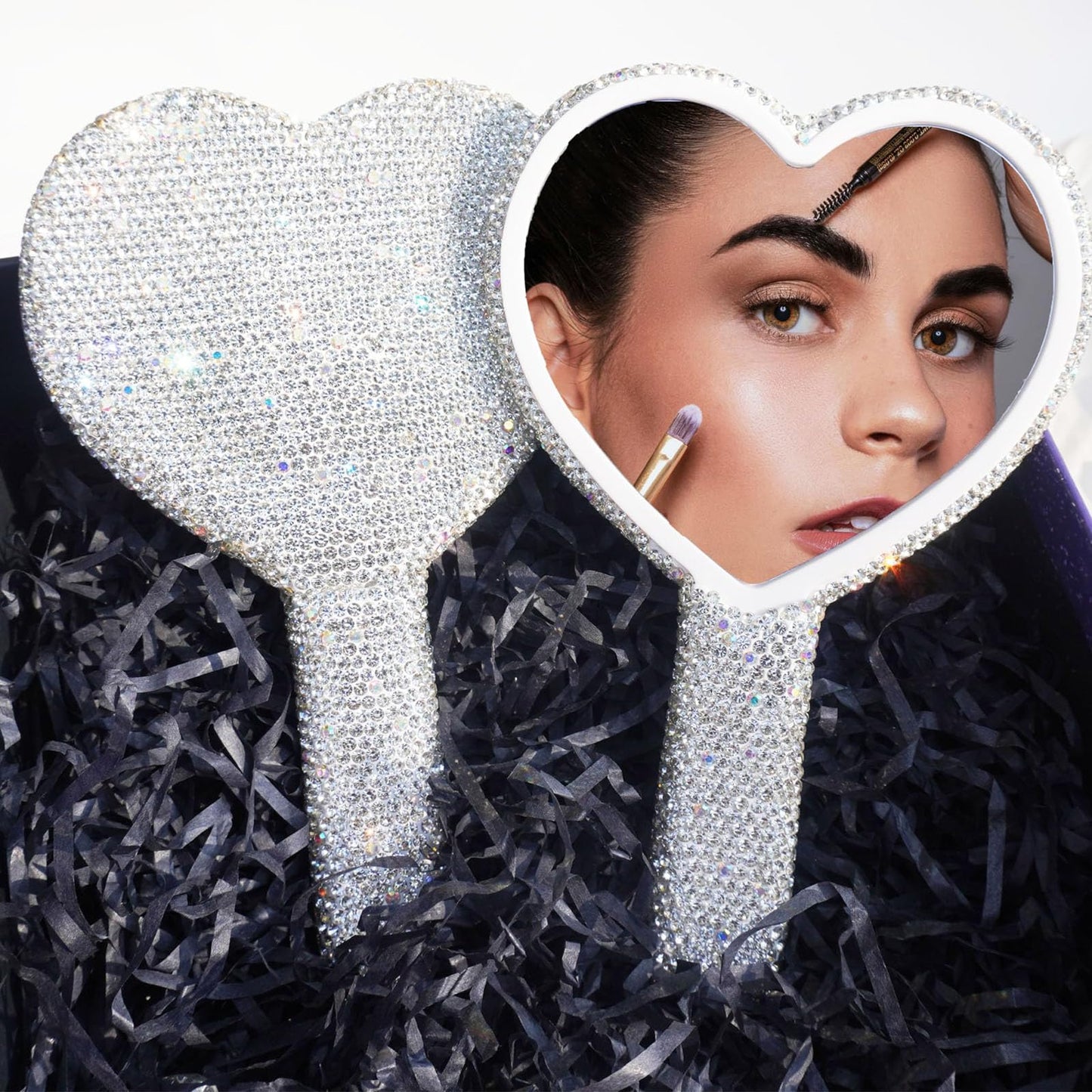 Frinnovan Large Rhinestone Handheld Mirror Heart Bling Glitter Cosmetic Dazzling Portable Hand Mirrors with Handle for Women Wed