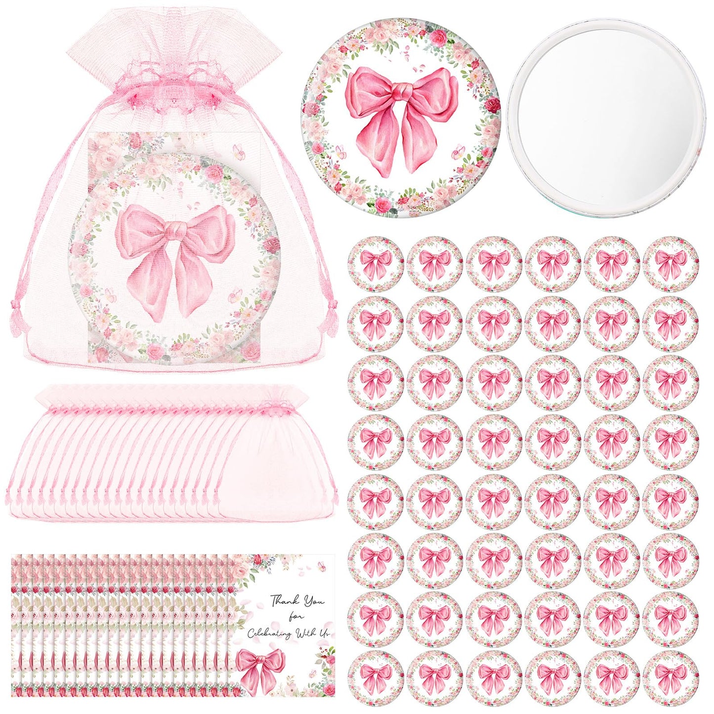 Namalu 48 Sets Coquette Pink Bow Party Favors Compact Mirror Bulk and Thank You Pink Bow Cards and Organza Bags for Bridal Weddi