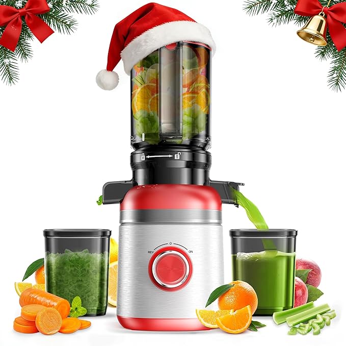 Cold Press Juicer Machines with Wide Feed Chute, Slow Masticating Juicer Maker for Whole Vegetables & Fruits, High Juice Yield, Easy to Clean, Large Auger Extractor, Red
