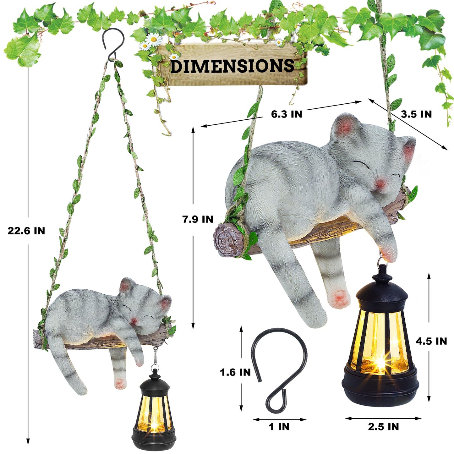 Zaayee Solar Lighted Garden Outdoor Statue  22.6 H Hanging Swing Lying With A Sleeping Cat And A Led Lantern  Resin Animal Figurine Hanging Ornaments With Hook For Decoration & Gift