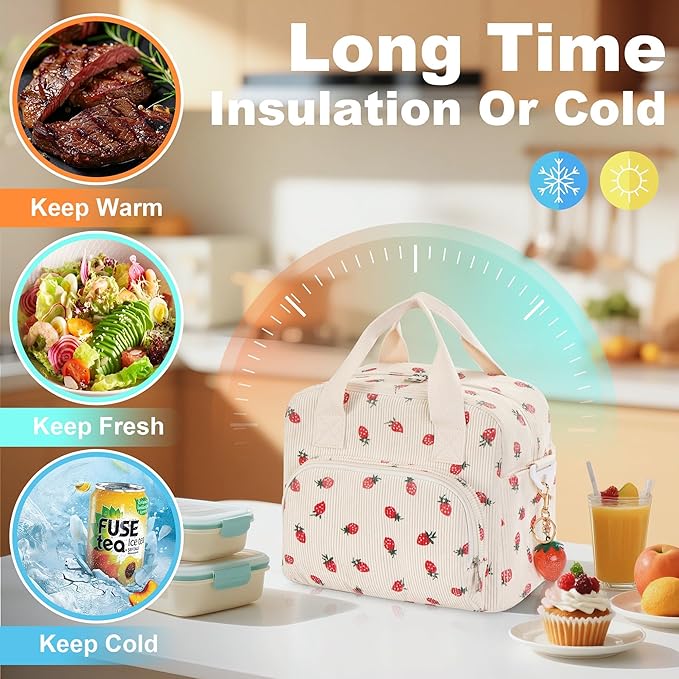 Large Lunch Bag for Women Strawberry Insulated Lunch Box Reusable Cooler Bag Portable Cute Corduroy Leakproof Tote Bags with Keychain for Travel, Work, and Picnic
