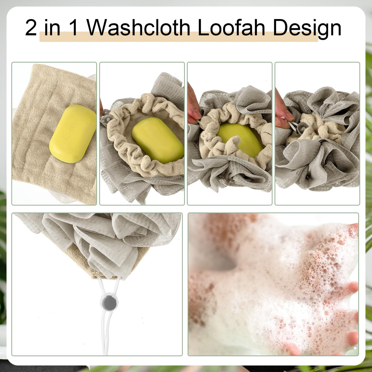 Swiffen 3 Pcs Washcloth Loofah Combo, 2 in 1 Bath Loofah Sponge with Drawstring, Exfoliation Mesh Shower Puff Ball for Body Wash