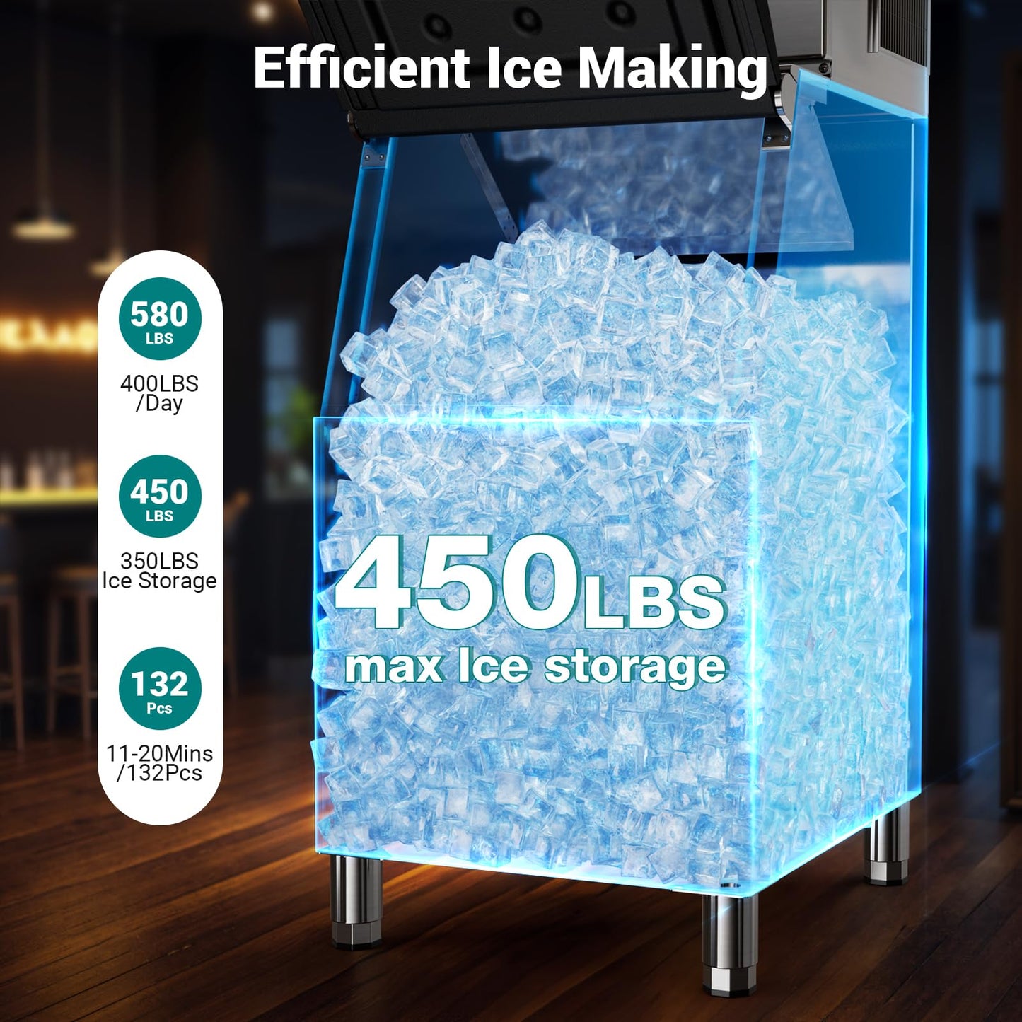 Commercial Ice Maker Machine 580LBS/24h with 450 LBS Storage Bin, Ice Ready in 8-15 Min, Self Cleaning Stainless Steel Industrial Ice Machine for Bar Restaurant Cafe