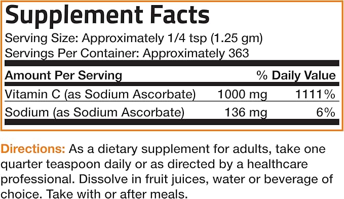 Non Acidic Vitamin C Powder Sodium Ascorbate Non GMO Soluble Fine Crystals - Healthy Immune System, Antioxidant and Cell Protection - 1 Pound (16 Oz, 454 Grams)