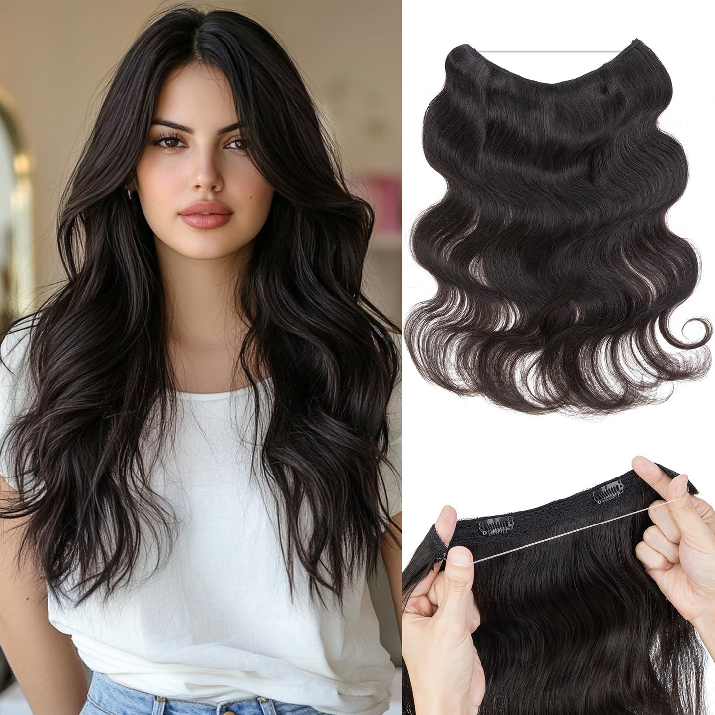 S-noilite Wavy Halo Hair Extensions Real Human Hair,20Inch Invisible Wire Hair Extensions,2 Clips Halo Extensions for Women(Natu