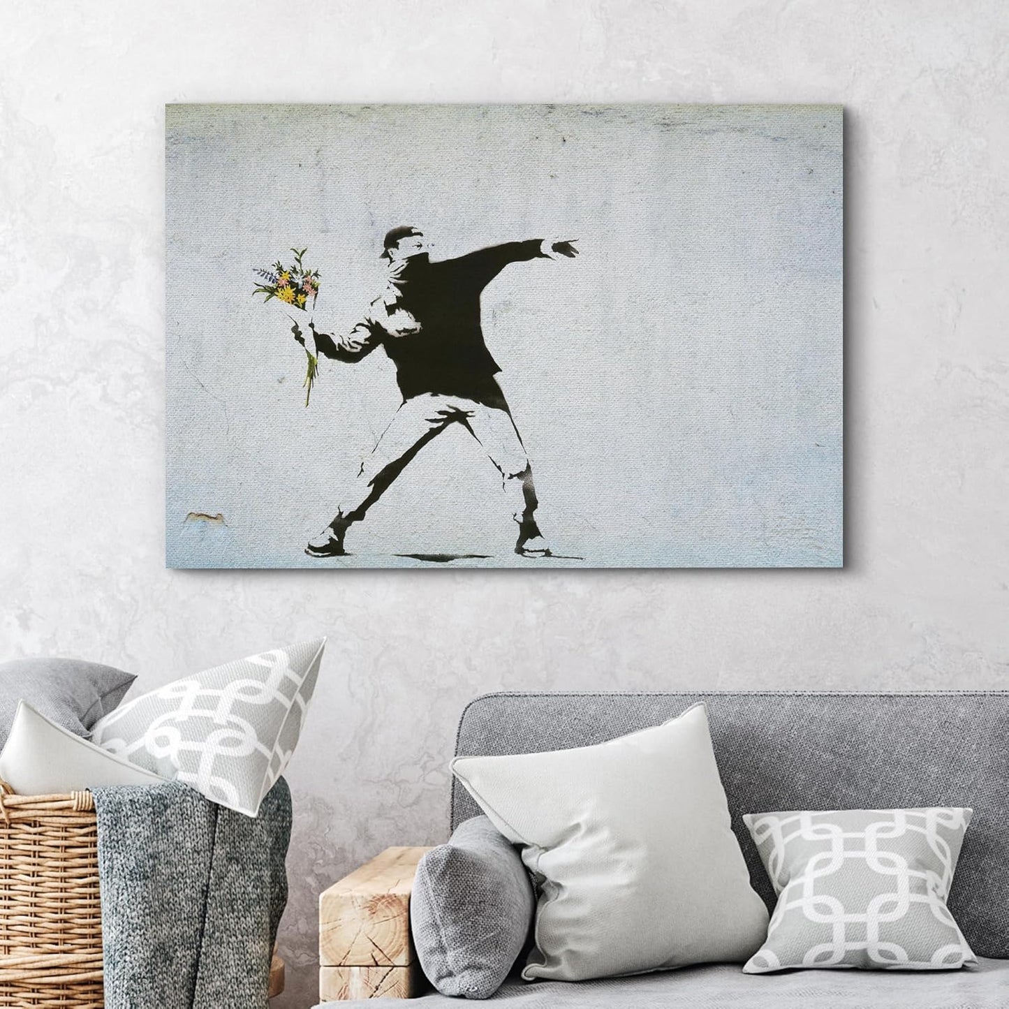wall26 Canvas Print Wall Art Banksy Man Throws Yellow Flower Bouquet Graffiti & Street Art Pop Culture Illustrations Pop Art Bohemian Multicolor Dark for Living Room, Bedroom, Office - 24"x36"