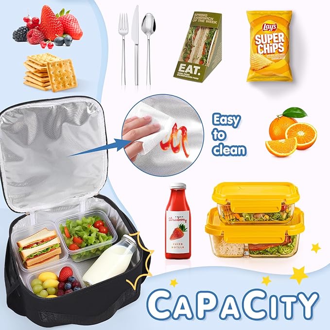 Lunch Bag Kids,Insulated Lunch Bag With Adjustable Shoulder Strap,Reusable Lunch Bag for Kids, Girls,Boys, lunch Bag Women,Preppy Lunch Box for School,Travel, Picnic (black)