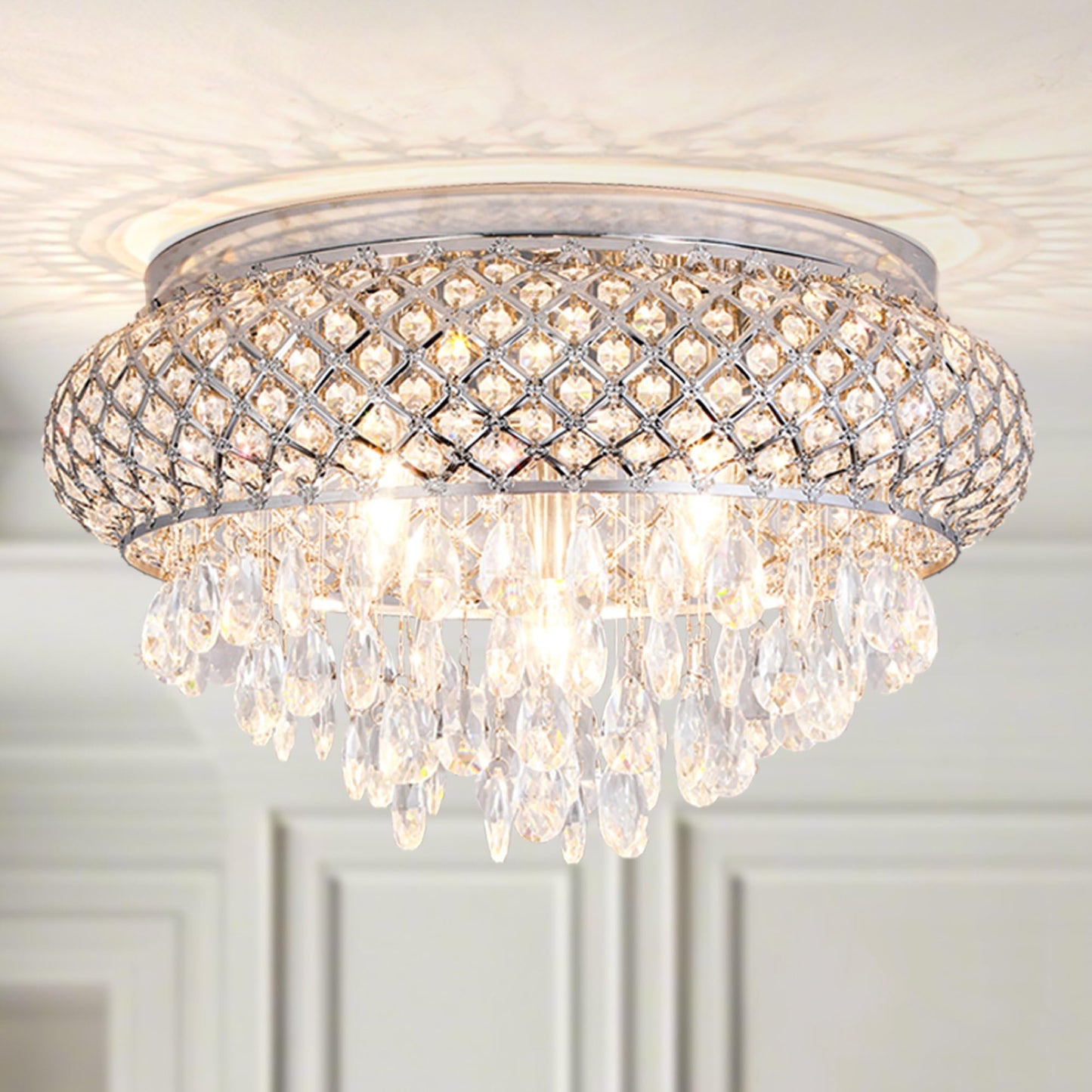 Maxax stylish Modern Flush Mount Ceiling Light, 5-Light, Large Chrome Crystal Fixture For Living Room, Bedroom, Dining Room, Kitchen