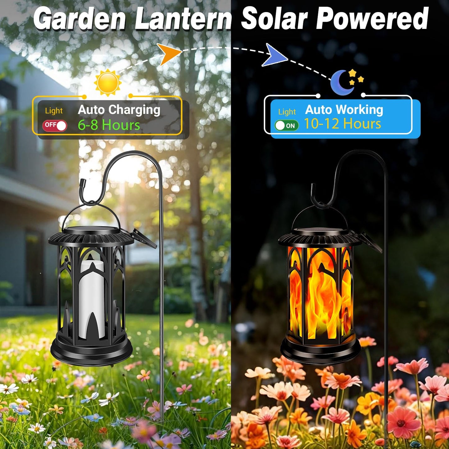 Blakapoo Solar Lanterns - Flickering Flame Outdoor LED Lights, Waterproof, USB Dual Mode, Pack of 2, Black, Model 0643-TL043A