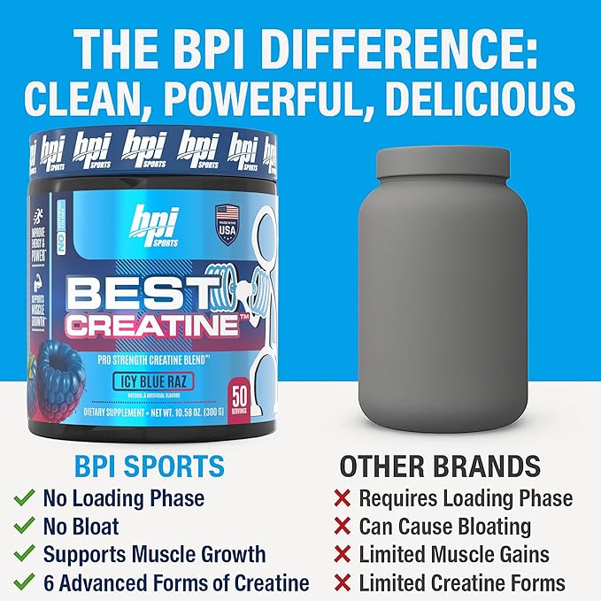 BPI Sports Best Creatine - Creatine Monohydrate Powder for Men & Women, Himalayan Salt - Strength, Pump, Endurance, Muscle Growth, Muscle Definition - No Bloat - Icy Blue Raz - 50 servings - 10.58 Oz